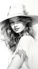 Pencil drawing of a woman in a soft hat. She has long curly hair and a simple white dress.