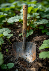 Garden spade is stuck in the soil in vegetable garden