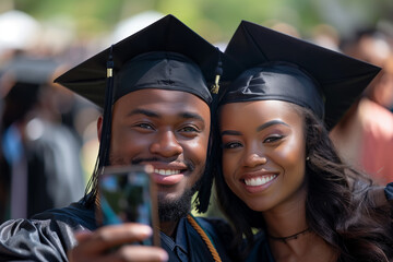 Two happy graduates in traditional academic regalia pose side by side taking a phone selfie.