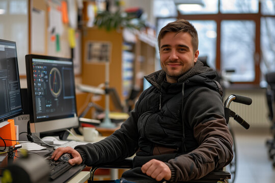Man in Wheelchair Using Computer