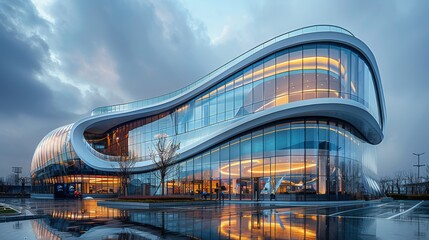 Obraz premium Modern Building With Curved Roof and Numerous Windows