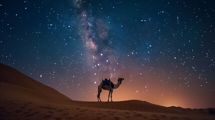 A camel stands on a sandy hill in a desert. The night sky is clear, with the Milky Way galaxy and many stars visible. The photo was taken in the United Arab Emirates.