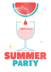 Summer Party. Cocktail, fresh, juice graphic linear geometric pattern stylized poster, emblem, badge design. Cocktail glass and watermelon slice. Vector illustration.