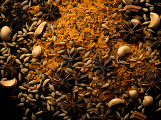 Background features a mix of sesame seeds, caraway seeds, turmeric, and dry ginger - obrazy, fototapety, plakaty