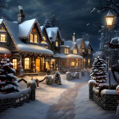 Winter village with snow covered houses, Christmas and New Year holidays background