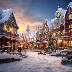 Christmas city at night with snow and christmas trees. 3d rendering