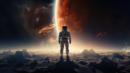 An astronaut stands on a rocky planet against the backdrop of a fiery planet. . The stage has a dark orange-red color scheme. - obrazy, fototapety, plakaty