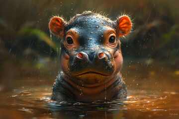 Baby hippo in the water. A baby hippopotamus - obrazy, fototapety, plakaty