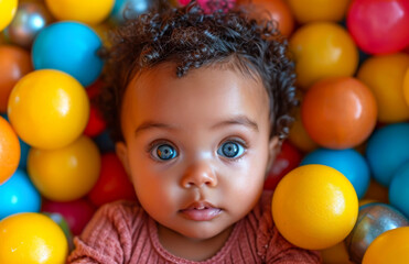 Fototapeta na wymiar Baby is surrounded by colorful balls.