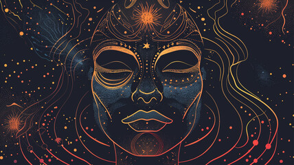 A celestial oracle graphical vector face with cosmic patterns and a serene expression, offering wisdom and guidance to seekers.