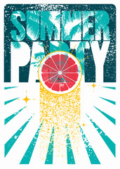 Summer Party typographic grunge style poster with citrus slice and palm trees. Retro vector illustration.