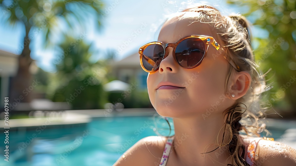 Wall mural a happy little girl enjoys a sunny day by the pool, wearing sunglasses to protect her eyes.