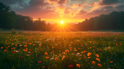 Beautiful landscape with nice sunset over poppy field.