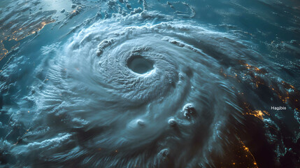 A massive hurricane seen from above with a well-defined eye spiraling clouds and turbulent ocean waves. - obrazy, fototapety, plakaty
