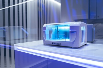 Modern dental sterilization unit with blue light in a professional dental clinic - obrazy, fototapety, plakaty