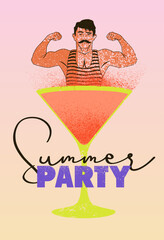 Summer Party typographic grunge vintage poster design with cocktail martini glass and retro swimmer. Vector illustration.
