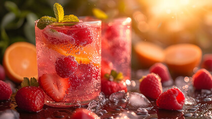 Strawberry Juice with Fresh Fruits - obrazy, fototapety, plakaty