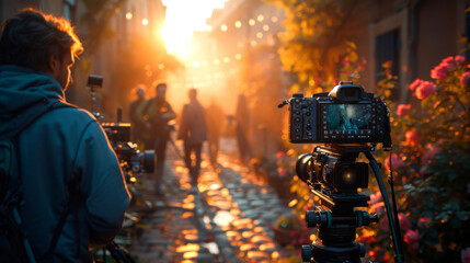 Behind the scene. Film crew team filming movie scene on outdoor location. Group cinema set.