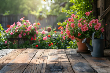 Empty wooden table background with colorful garden flowers and watering can. Gardening mockup concept with copy space.
