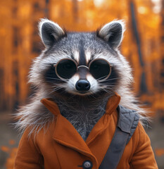 Obraz premium Portrait of funny raccoon in coat sunglasses and backpack in autumn forest