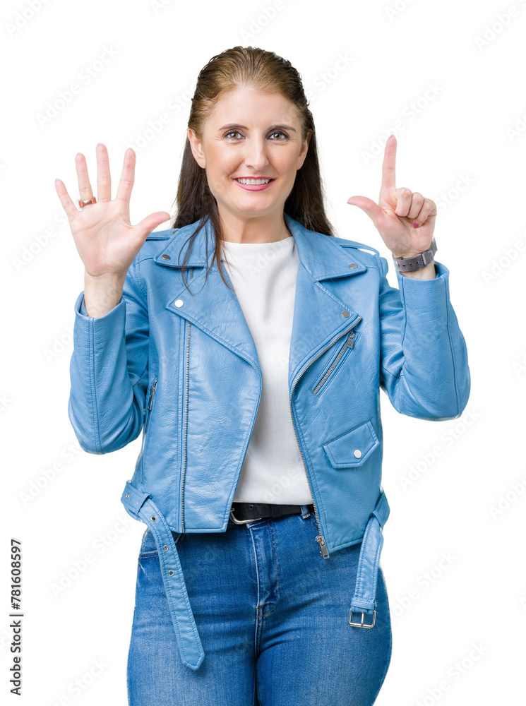 Sticker Beautiful middle age mature woman wearing fashion leather jacket over isolated background showing and pointing up with fingers number seven while smiling confident and happy.