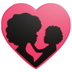 3D illustration of a PINK heart with the silhouette of an African-American mother holding her baby boy. Creative art for Mother's Day. Empowering black mothers.