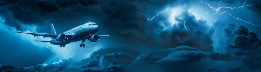 Obraz premium Aircraft confronting thunderstorm with dazzling lightning