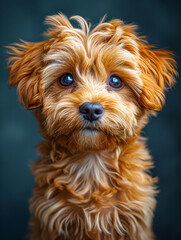Cute little yorkshire terrier puppy dog is looking at the camera with head tilt
