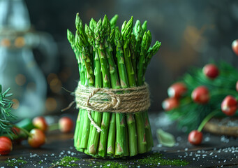 Asparagus bunch with jute rope and Christmas decorations on dark background