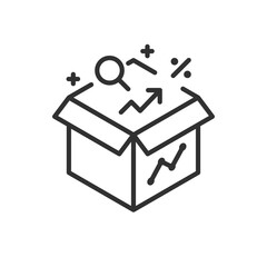 Data analytics kit, linear icon, box with charts and graphs. Line with editable stroke