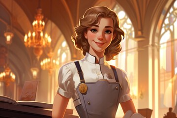 A female governess with blond hair, wearing a white shirt and blue overalls. She has a gold medallion on her overalls and is smiling. . - obrazy, fototapety, plakaty