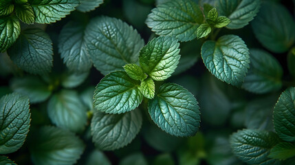 Green mint leaves pattern layout design. Ecology natural creative concept. Top view nature...