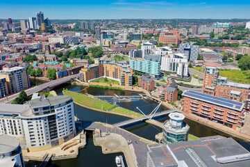 Aerial photo of the Leeds City Centre taken from the area known as The Leeds Dock on a bright sunny...