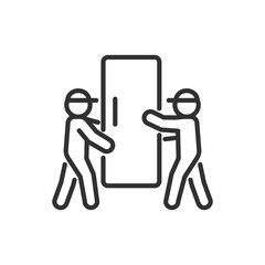 Carrying a refrigerator vertically, linear icon. Loaders carrying a refrigerator. Line with editable stroke