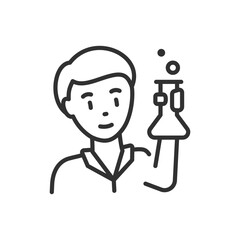 Scientific experiment, linear icon. Person holding a flask with a chemical reaction in his hand. Chemical research. Line with editable stroke