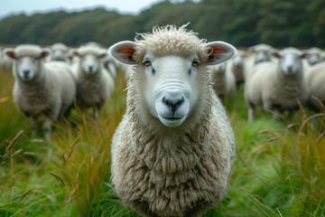 Fototapeta premium Sheep stares at the camera with other sheep in the background