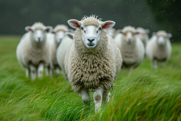 Fototapeta premium Sheep is walking in the grass with other sheep in the background