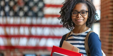 A Young Woman Studying Intently with a Laptop Against the Backdrop of an American Flag, Generative...