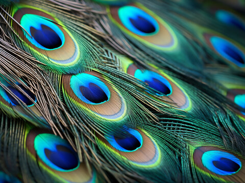 Close-up images showcase beautiful peacock feathers