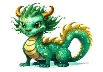 Fototapeta premium A green dragon with a big smile on its face. It is sitting on a white background. The dragon has a cute and friendly appearance
