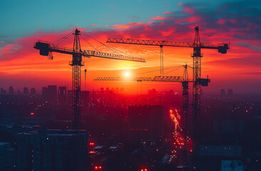 Construction cranes and high-rise buildings in the background of the sunset sky