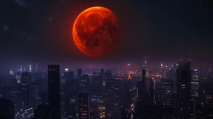 red moon in night sky rising over dark and mysterious cityscape - obrazy, fototapety, plakaty