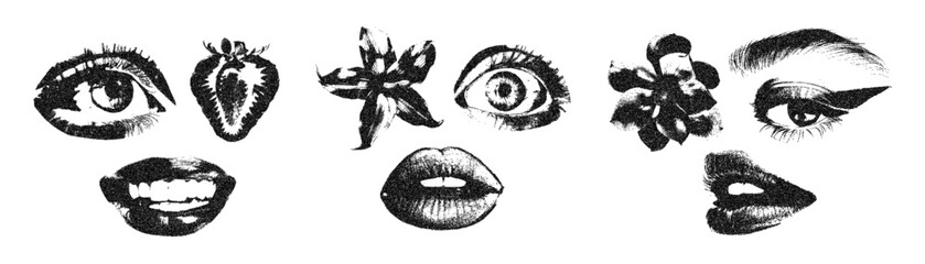 photocopy15Eyes, mouth, lips, brow, flower and strawberry with halftone stipple effect, for grunge punk y2k collage design. Elements in brutalist retro photocopy design. Vector illustration for vintag - 781609997