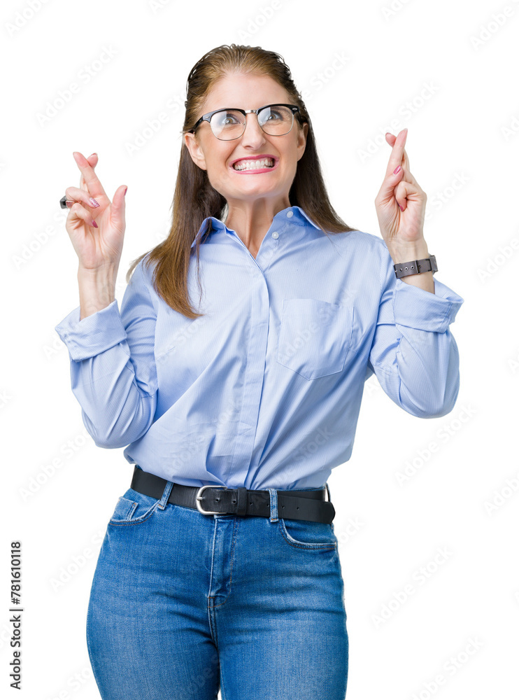 Poster beautiful middle age mature business woman wearing glasses over isolated background smiling crossing