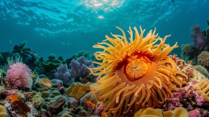 Fototapeta na wymiar Anemone and sunlight in ocean
