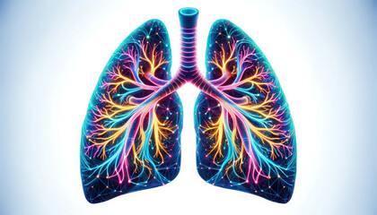 Neon-lit lung illustration, suitable for educational, healthcare, and creative digital media showcasing respiratory anatomy.