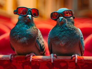Two pigeons are sitting on red sofa and wearing sunglasses