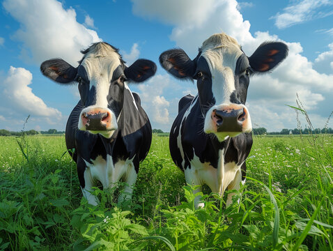 Two cows are looking to camera in green pasture under blue sky and white clouds