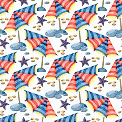 Seamless watercolor pattern with elements of beach life, colorful beach umbrella, pebbles, sea.