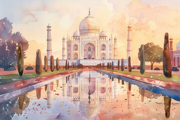A painting of the Taj Mahal with a waterway in the background - obrazy, fototapety, plakaty
